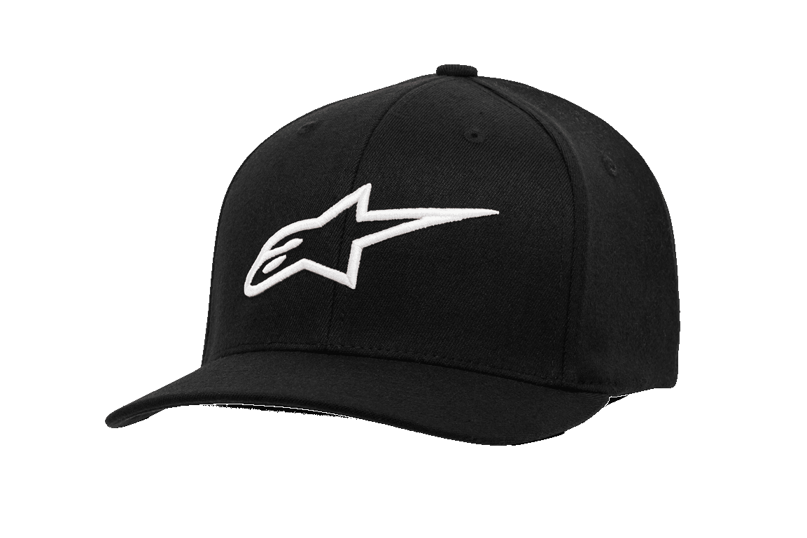 Alpinestars Ageless Curve Hat, Black Baseball Cap with White 3D Embroidered Star Logo, Curved Brim, Structured Crown, Twill Fabric, Casual Motorsport Sportswear