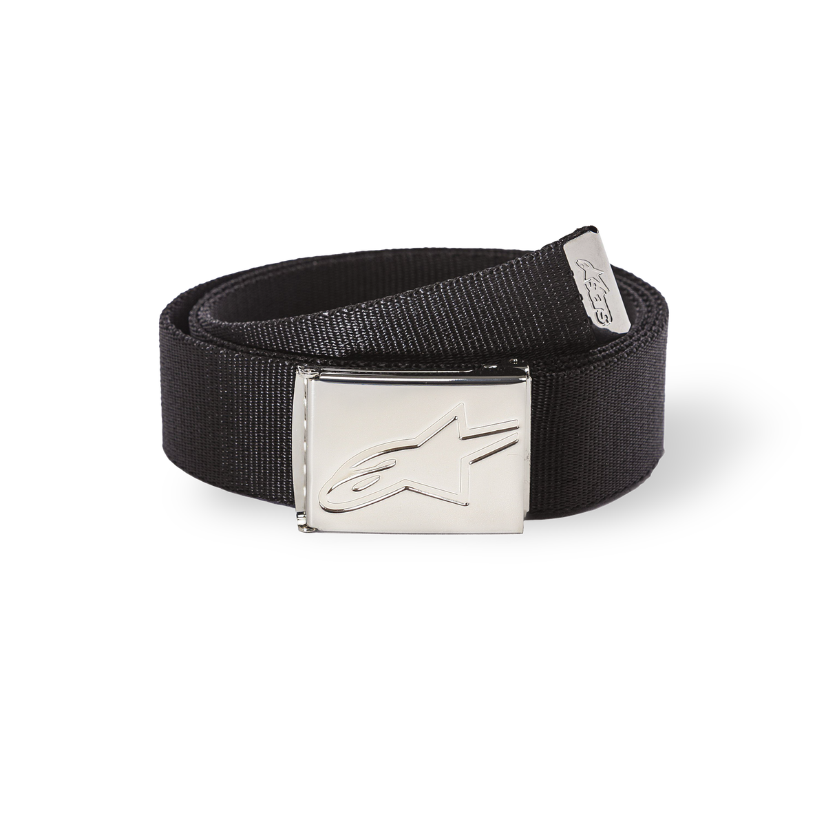 Alpinestars Ageless Web Belt, Black fabric belt with silver chrome metal buckle, debossed star logo, textured webbing, metal-tipped end with branding, casual sportswear accessory