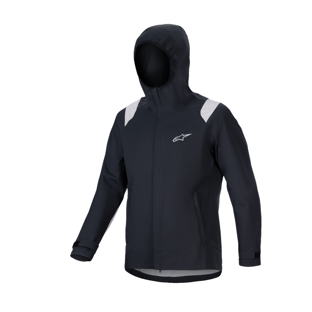 Alpinestars A-Dura Rain Jacket, MTB Rain Jacket, Black with grey shoulder panels, white Astars logo on chest, hooded waterproof design with 2.5-layer membrane, functional technical gear for off-road cycling