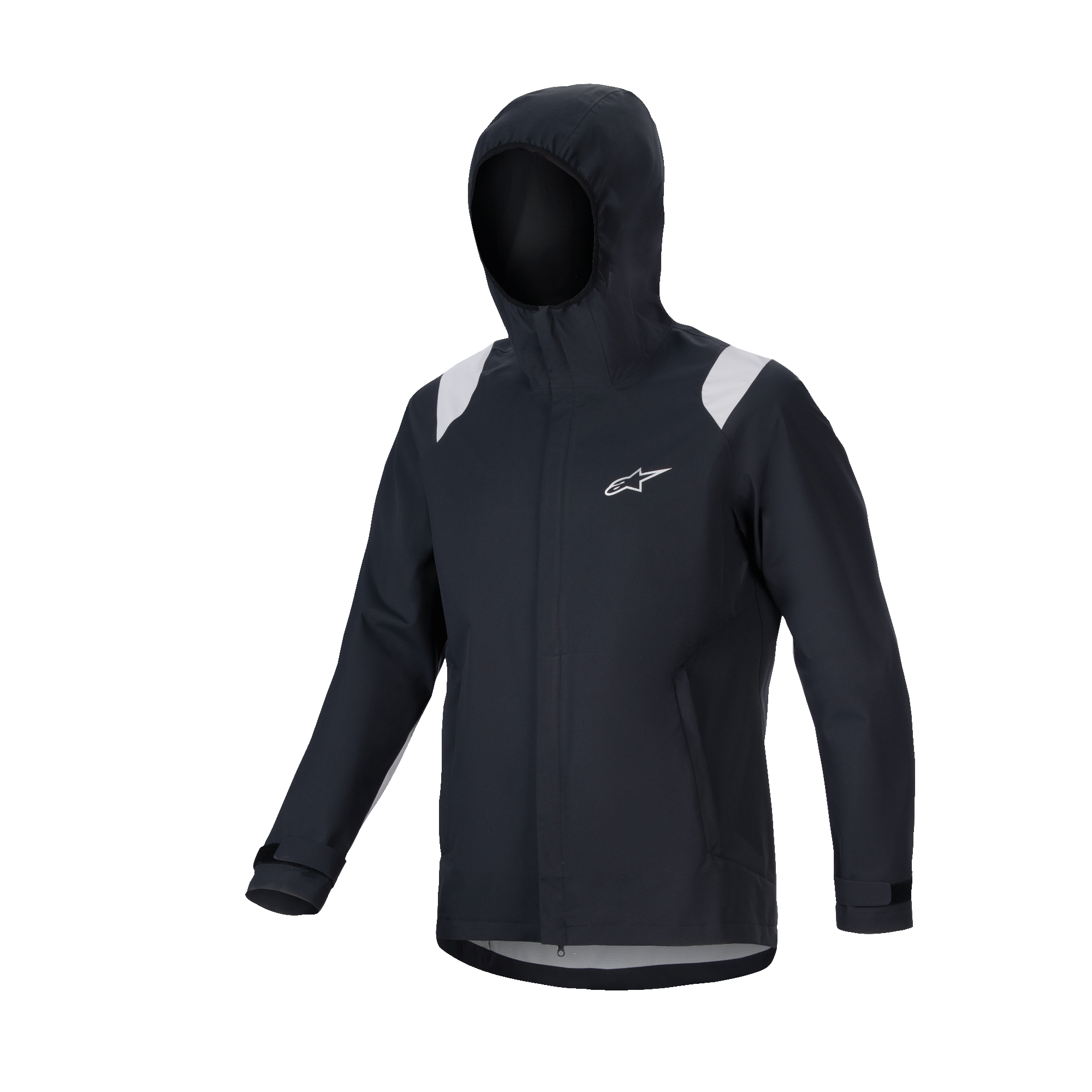 Alpinestars A-Dura Rain Jacket, MTB Rain Jacket, Black with grey shoulder panels, white Astars logo on chest, hooded waterproof design with 2.5-layer membrane, functional technical gear for off-road cycling