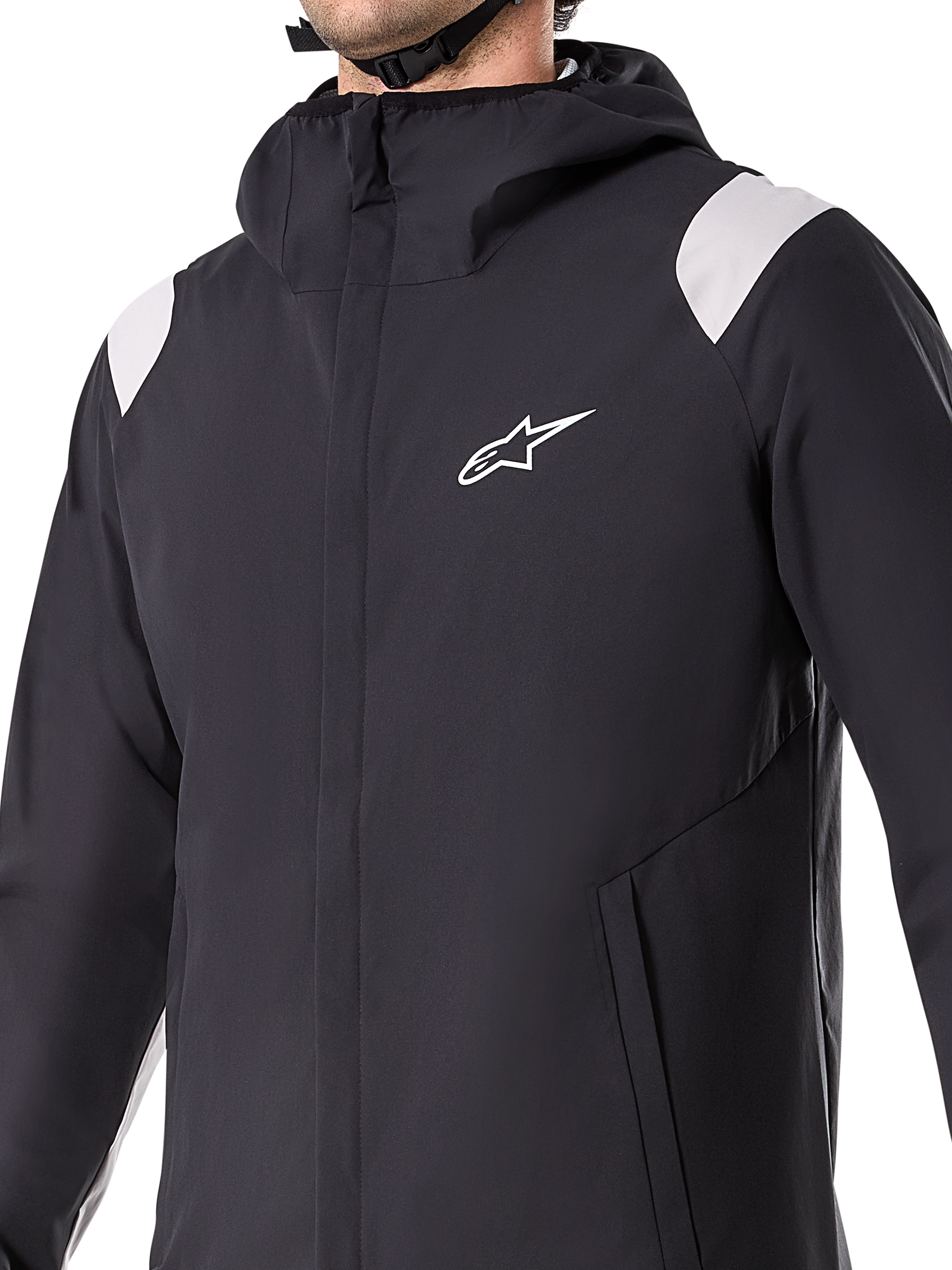Alpinestars A-Dura Rain Jacket, Black, hooded 2.5-layer waterproof cycling jacket, front YKK zipper and mesh-lined pockets, adjustable cuffs, designed for mountain biking and all-weather protection