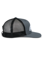 Alpinestars Corp Trucker Hat, side profile, gray twill front and bill with black mesh back panels, flat bill, structured crown, white embroidered logo, casual motorsport headwear