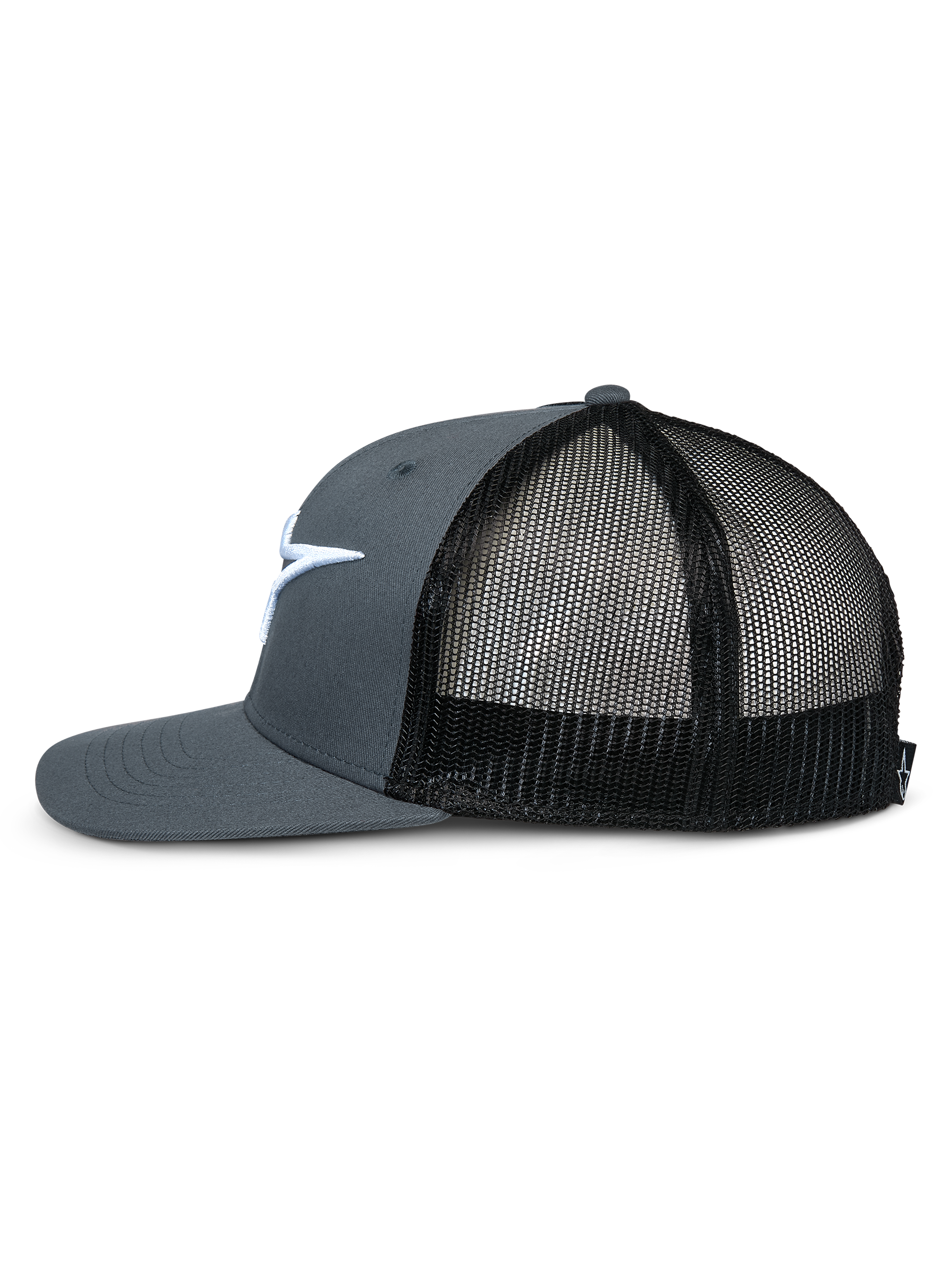 Alpinestars Corp Trucker, Trucker Hat, Gray and Black, Side profile view showing flat bill, structured gray crown, black mesh back panels, and white embroidered logo, casual motorsport-inspired headwear