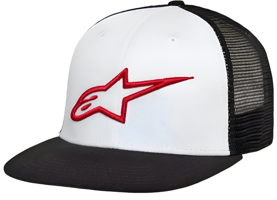 Alpinestars Corp Trucker Hat, white front panel with a black flat bill and black mesh back, featuring a 3D embroidered red Alpinestars star logo, casual motorsport streetwear