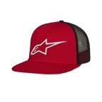 Alpinestars Corp Trucker Hat, Red and Black, Flat Bill Trucker Cap, White 3D Embroidered Logo, Red Twill Front and Black Mesh Back Panels