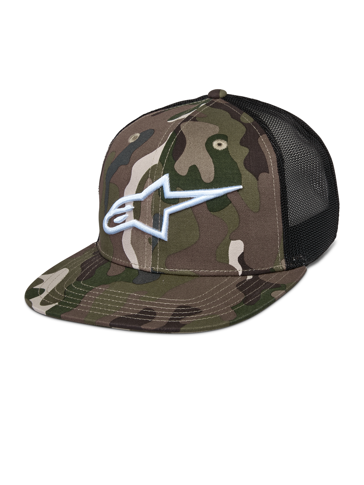 Alpinestars Corp Trucker Hat, Green Camo and Black, camouflage pattern with white embroidered A-star logo, black mesh back panels, flat bill, casual lifestyle headwear