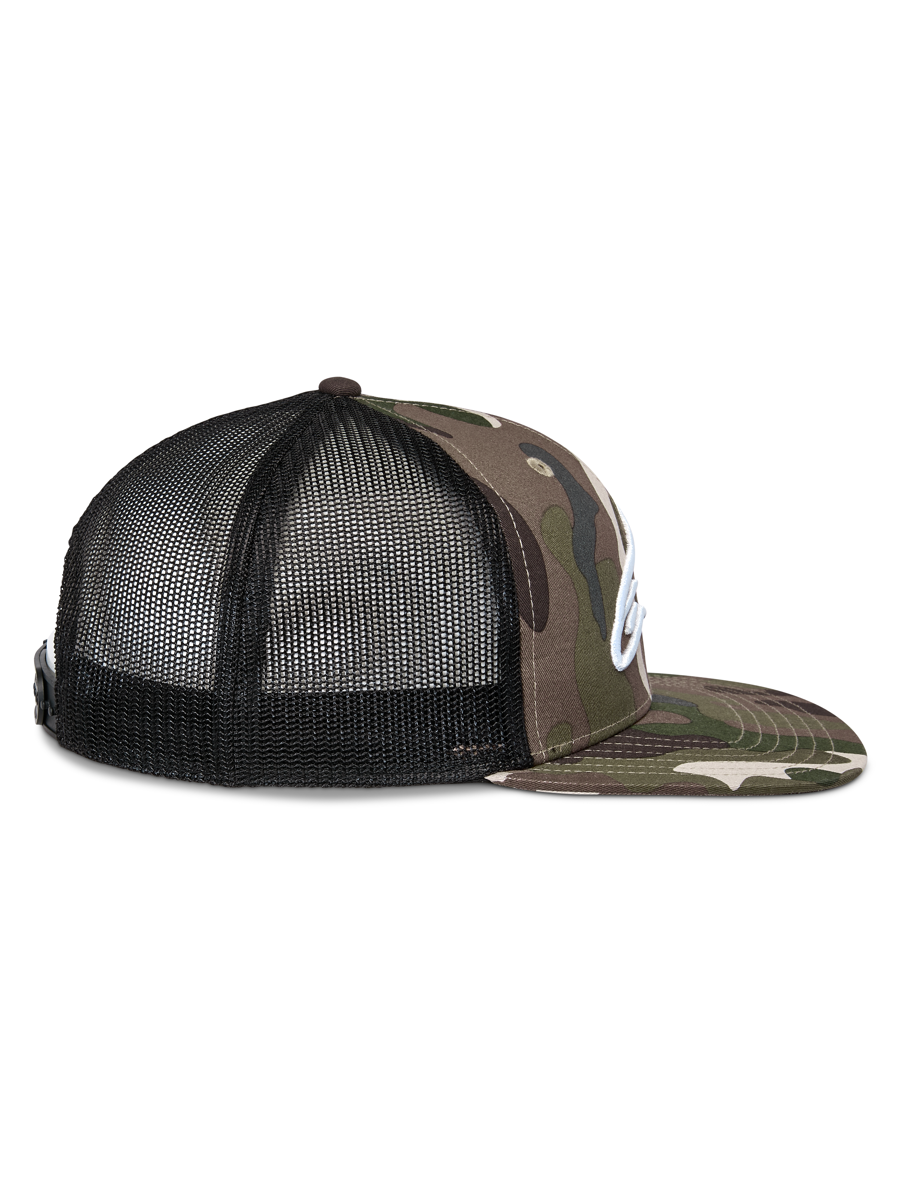 Alpinestars Corp Trucker Hat, side view, Green Camo and Black, flat bill with camo print, black mesh back panels, white embroidered logo, casual motorsport headwear