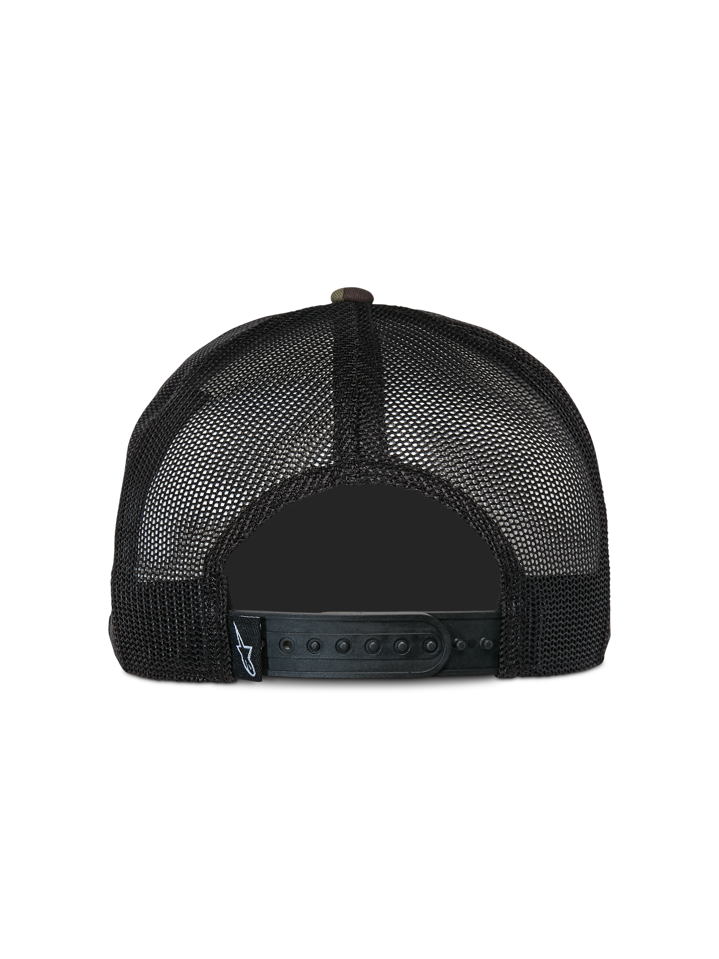 Alpinestars Corp Trucker Hat, Casual Trucker Cap, Green Camo and Black, rear view featuring black mesh back panels and adjustable snapback closure, small woven logo tag, classic motorsport-inspired design