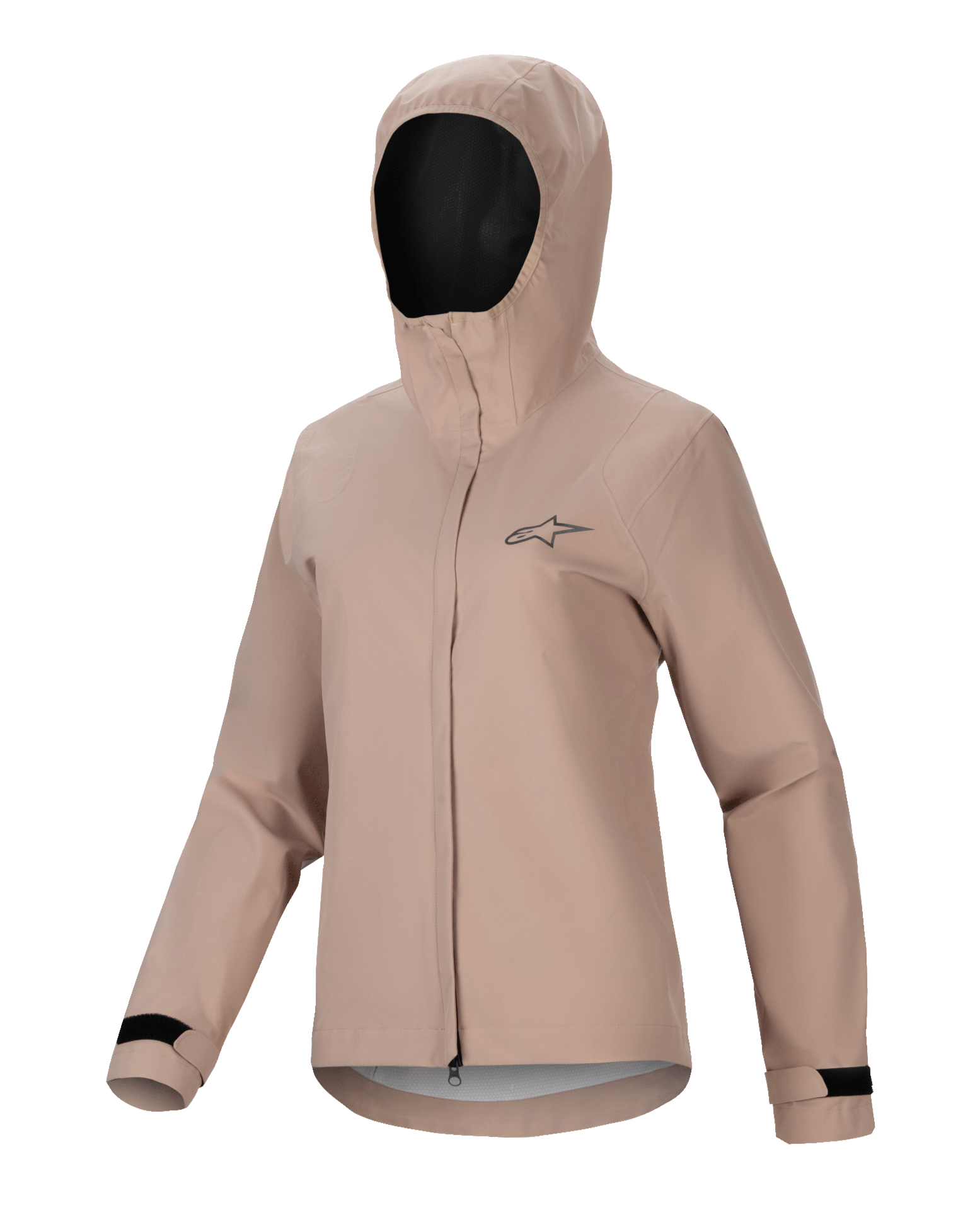 Alpinestars Stella A-Dura Rain Jacket, Women's Cycling Rain Jacket, Light Brown, hooded design with front zipper and storm flap, black adjustable Velcro cuffs, featuring a small chest logo, waterproof and breathable performance material for MTB riding