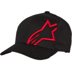 Alpinestars Corp Shift 2 Curved Brim Baseball Cap, Black with a large red flat-embroidered star logo on the front left panel, Flexfit curved brim, six-panel construction, casual motorsport-inspired headwear