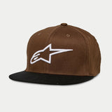 Alpinestars Ageless Flatbill Hat, brown crown with a black flat bill, featuring a white embroidered Alpinestars logo on the front, structured crown, casual motorsport-inspired headwear.