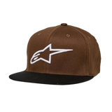 Alpinestars Ageless Flatbill Hat, Brown and Black, flat bill cap with structured crown, white embroidered Alpinestars logo on the front, casual motorsport headwear