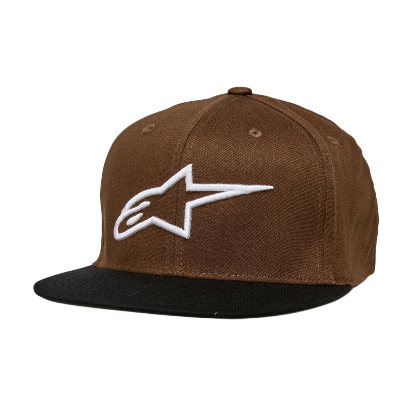 Alpinestars Ageless Flatbill Hat, Brown and Black, flat bill cap with structured crown, white embroidered Alpinestars logo on the front, casual motorsport headwear