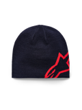 Alpinestars Corp Shift Beanie, Knit Beanie, Navy Blue and Bright Red, featuring a large red jacquard star logo on the side, sweater knit jersey stitch construction, casual sportswear accessory