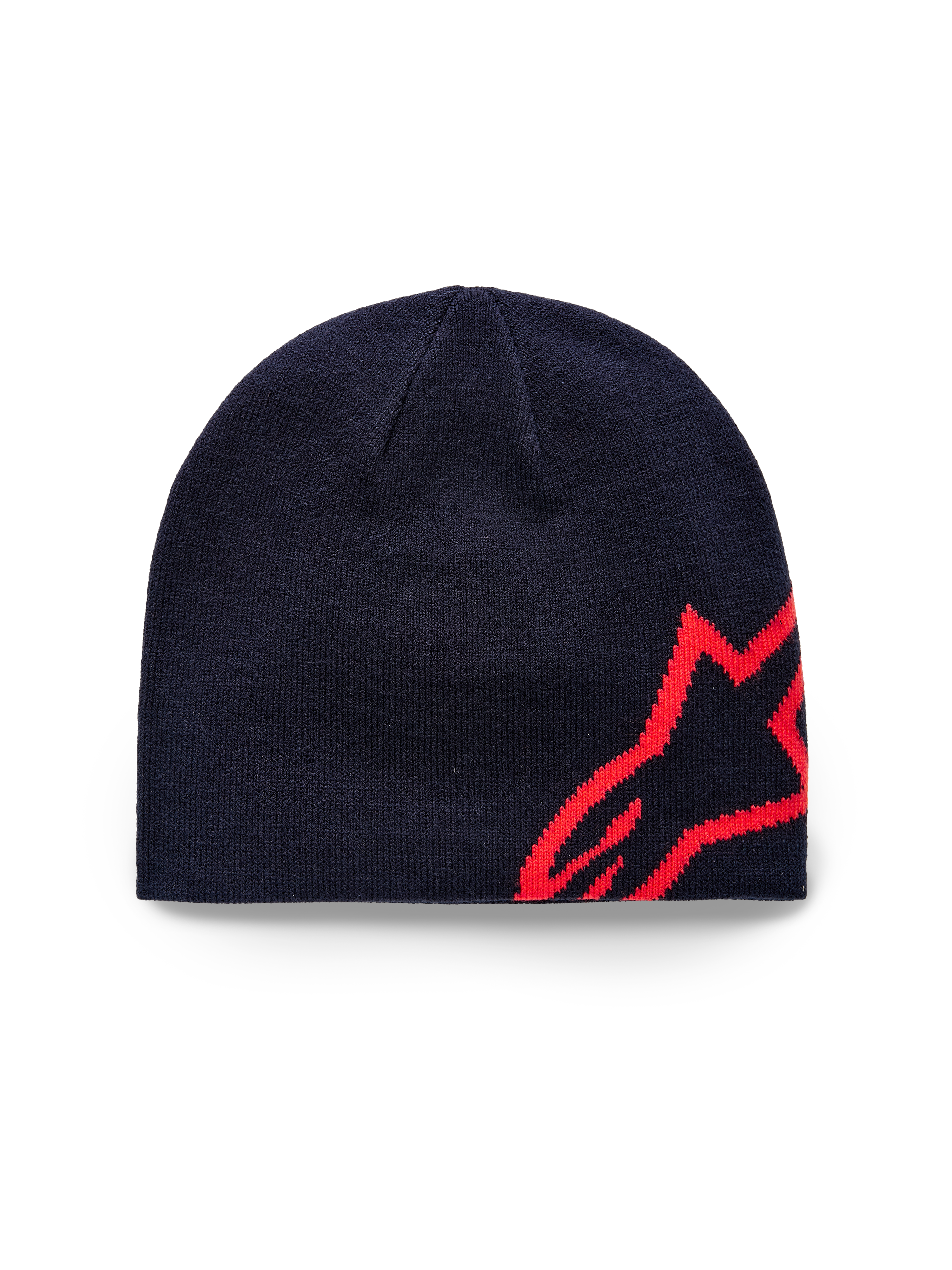 Alpinestars Corp Shift Beanie, Knit Beanie, Navy Blue and Bright Red, featuring a large red jacquard star logo on the side, sweater knit jersey stitch construction, casual sportswear accessory