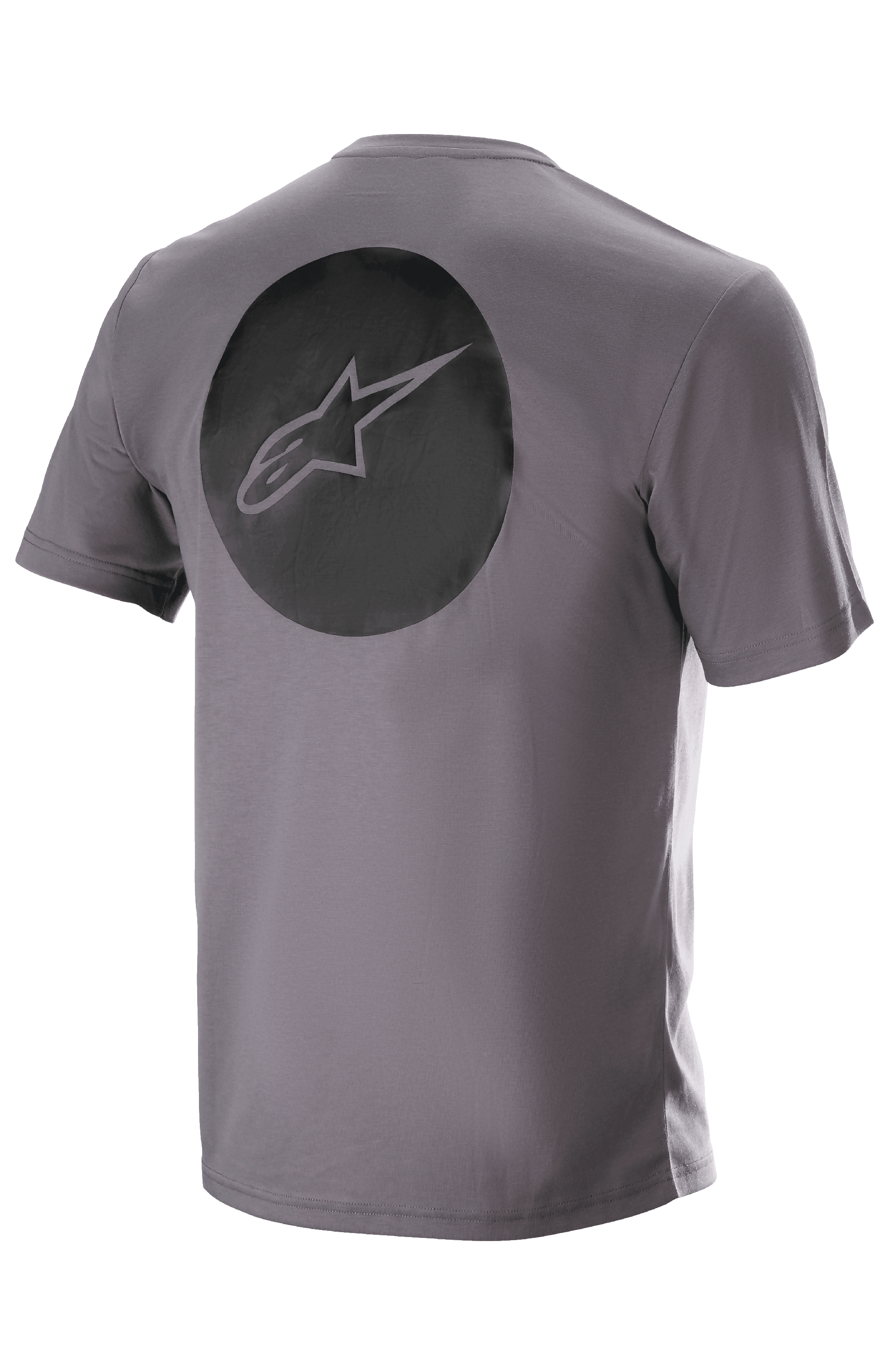 Alpinestars Dot Tech Tee, Short Sleeve, Sparrow Gray, back view featuring a large black circular graphic with the Alpinestars star logo, technical moisture-wicking MTB apparel