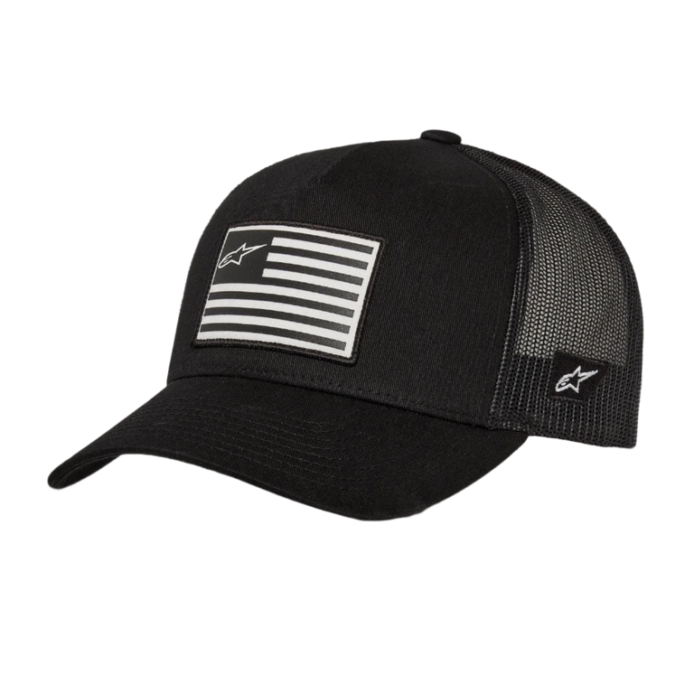 Alpinestars Flag Snapback Hat, Black, featuring a front printed flag patch with Astars logo, curved bill, structured crown, breathable mesh back, casual motorsport-inspired headwear