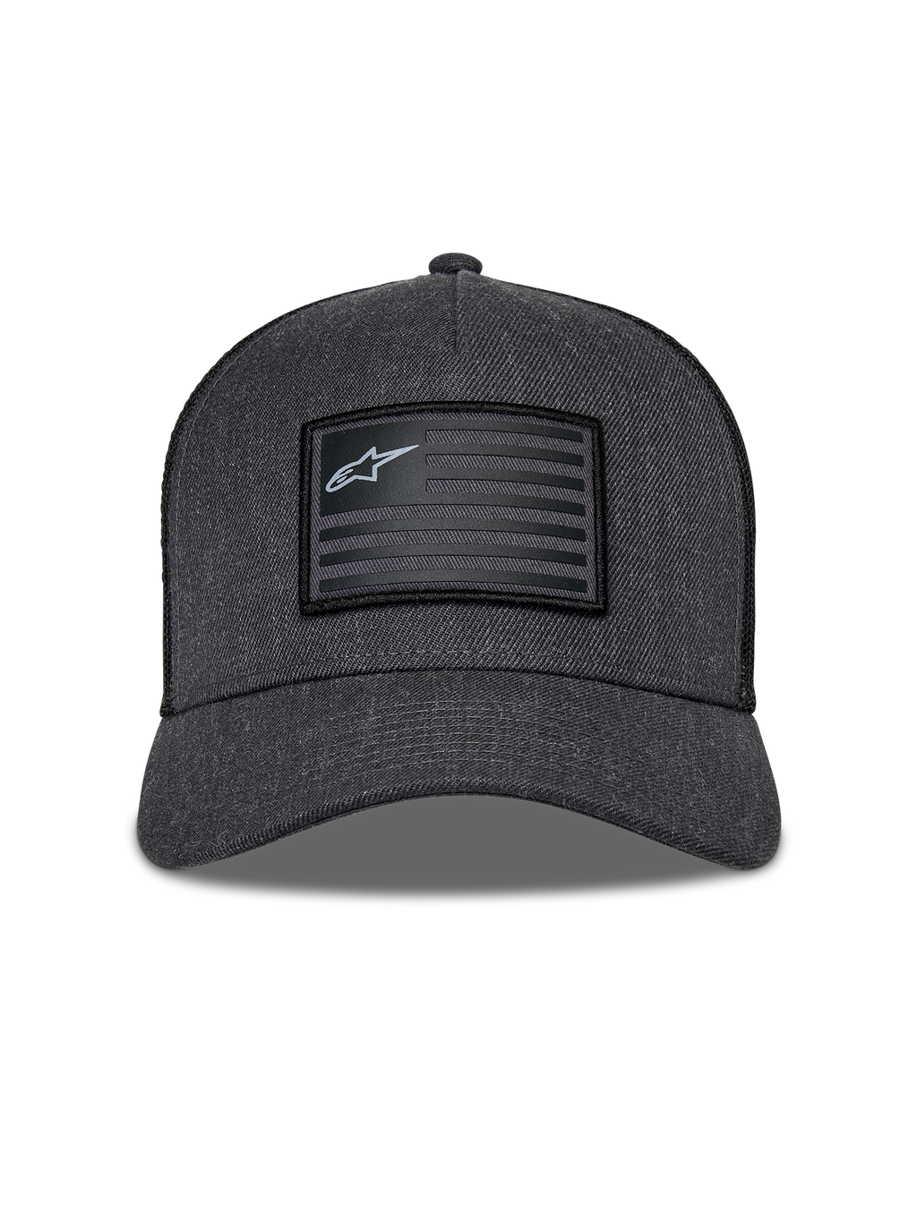 Alpinestars Flag Snapback Hat, Charcoal Heather and Black, front view featuring a structured crown and curved bill, rectangular flag-style patch with Alpinestars logo and stripes, casual motorsport streetwear