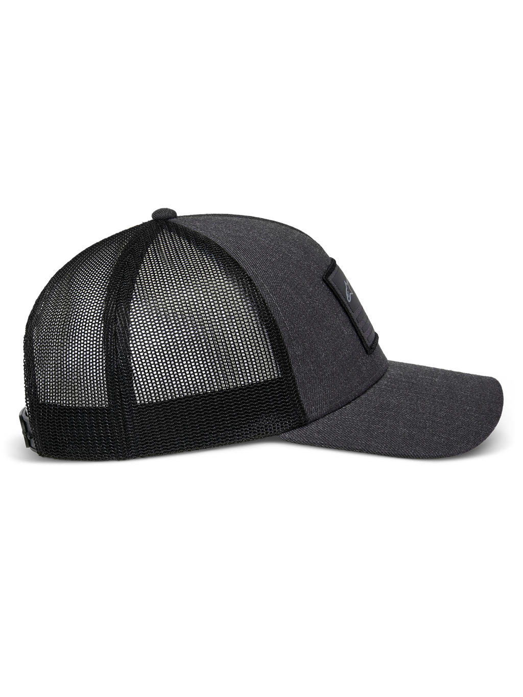 Alpinestars Flag Snapback Hat in Charcoal Heather Black, side profile view showing the curved bill, structured twill front panel with a merrow patch, and breathable polyester mesh back.