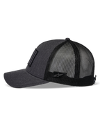 Alpinestars Flag Snapback Hat, Charcoal Heather and Black, side profile view, curved bill with structured crown, twill front and black poly mesh back, small Astars logo patch on the side, casual motorsport headwear
