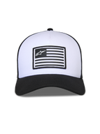 Alpinestars Flag Snapback Hat, White and Black, structured white crown with black curved bill and mesh back, features a central flag patch with Alpinestars logo, casual motorsport-inspired headwear