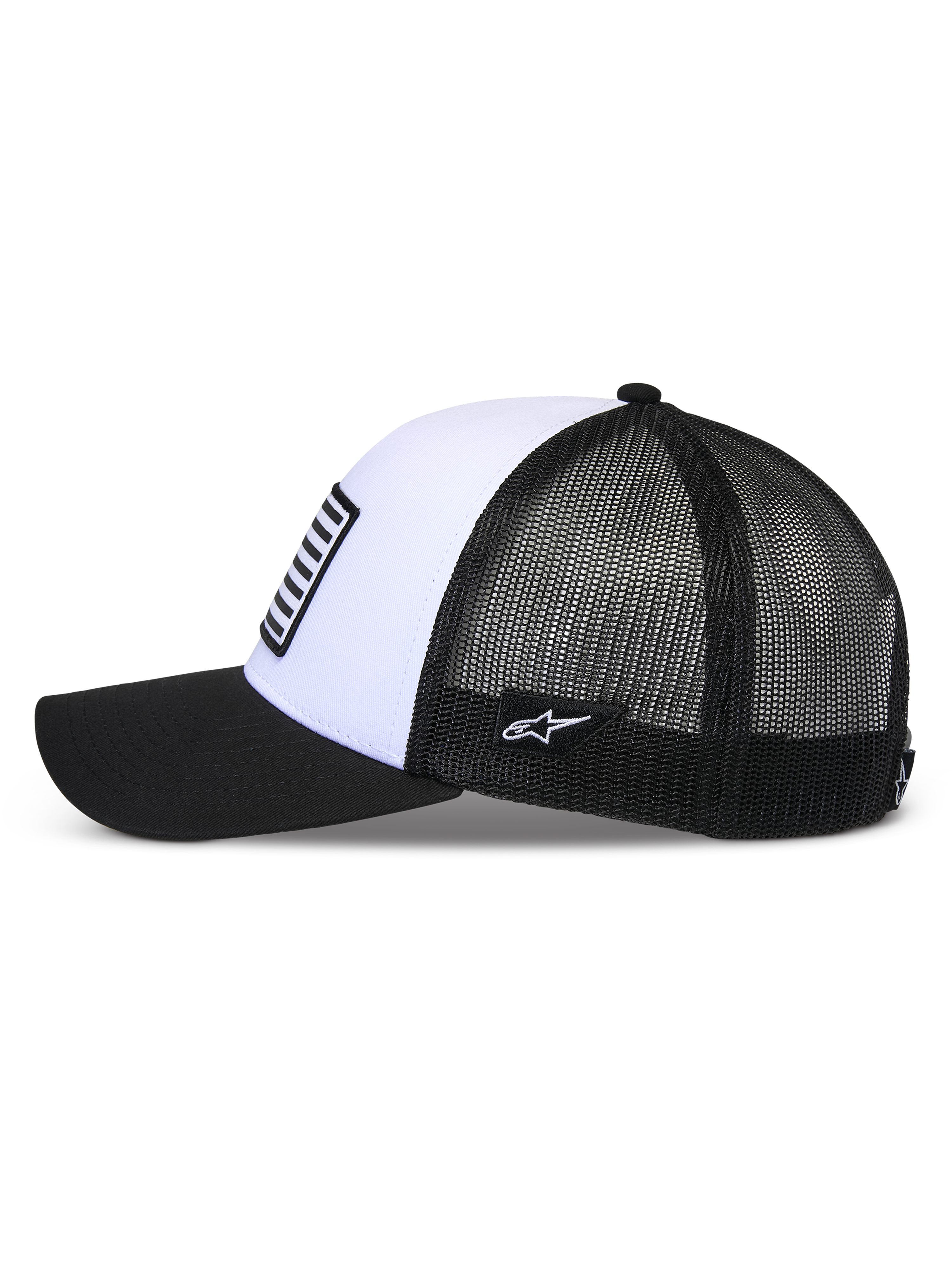 Alpinestars Flag Snapback Hat, White and Black, side profile view, featuring a curved black bill, structured white front panel with a flag-style patch, and a breathable black mesh back.