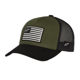 Alpinestars Flag Snapback Hat, Military Black, olive green crown with black curved bill and mesh back, front printed flag patch with logo, casual sportswear design