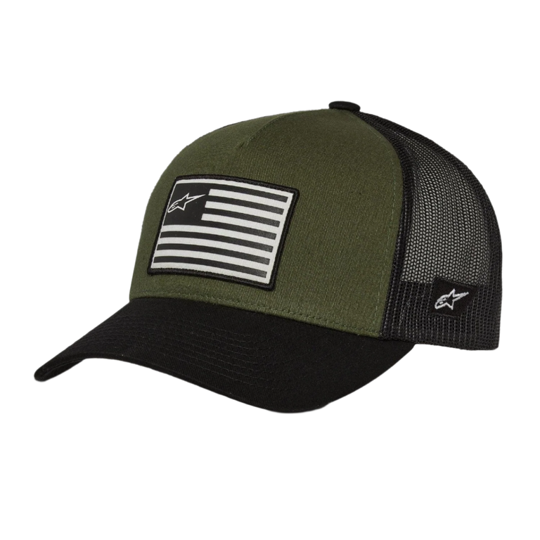 Alpinestars Flag Snapback Hat, Military Black, olive green crown with black curved bill and mesh back, front printed flag patch with logo, casual sportswear design