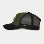 Alpinestars Flag Snapback Hat in Military Black, side profile view, olive green front panel with black curved bill and black mesh back, white embroidered logo on the side, casual motorsport-inspired headwear