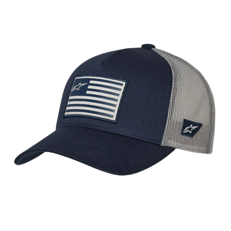 Alpinestars Flag Snapback Hat, Navy Blue and Grey, curved bill with structured crown, front printed flag patch, side logo embroidery, mesh back for breathability, casual motorsport-inspired headwear