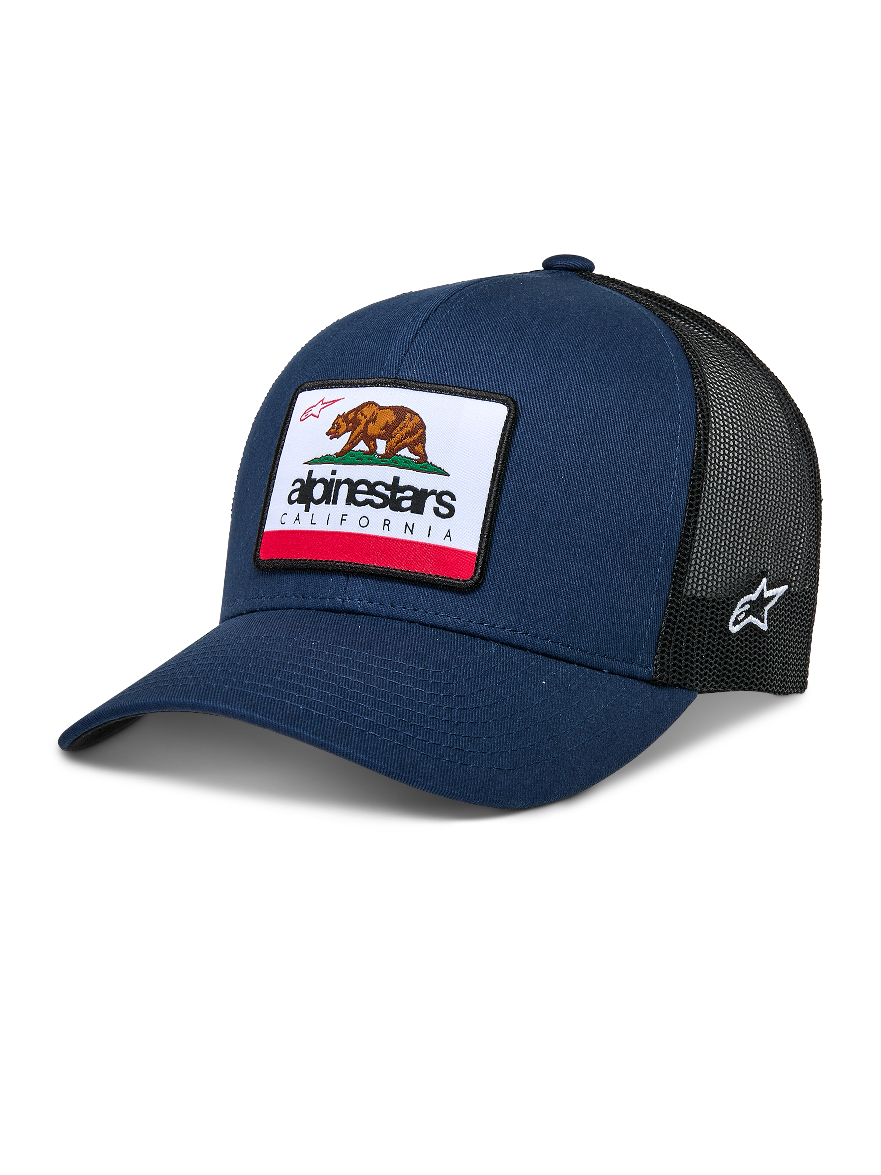 Alpinestars Cali 2.0 Hat, Navy Blue and Black Trucker Cap, featuring a large California Bear Patch with Alpinestars logo, curved brim, breathable black mesh back, casual motorsport headwear