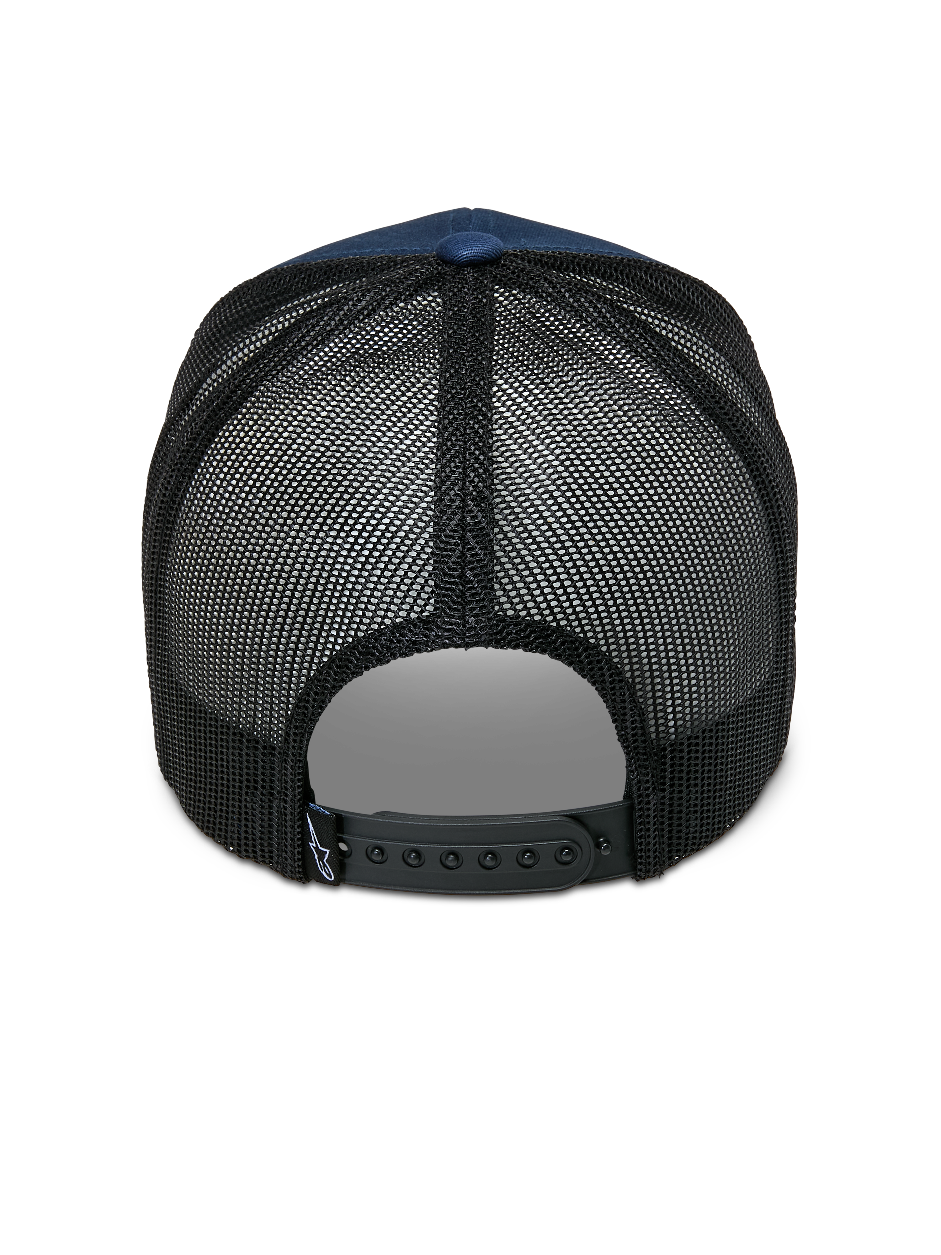 Alpinestars Cali 2.0 Hat, Navy Blue and Black, rear view showing breathable poly mesh back, adjustable black snapback closure, and small logo tag, casual trucker cap design