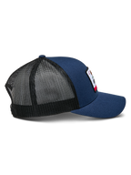 Alpinestars Cali 2.0 Hat, Navy Blue with Black mesh, side profile view, structured trucker cap with curved bill and twill front, breathable poly mesh back, casual motorsport headwear
