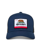 Alpinestars Cali 2.0 Hat, Navy Blue, featuring a woven merrow patch with a California bear and Alpinestars branding, curved bill, structured crown with poly mesh back, casual motorsport streetwear