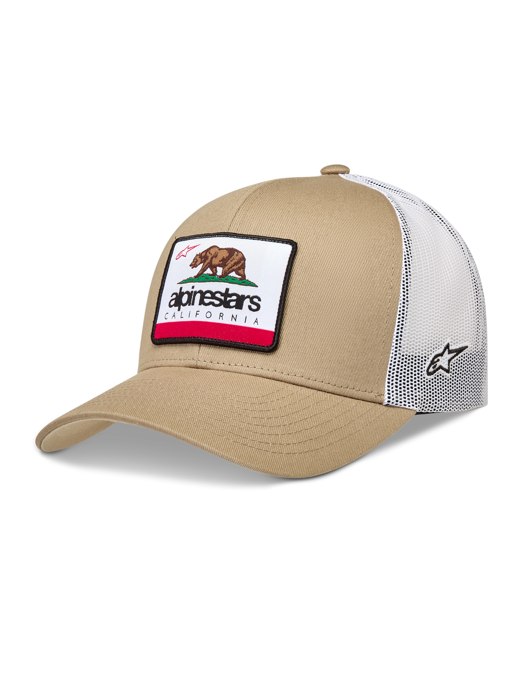 Alpinestars Cali 2.0 Hat, sportswear trucker cap in sand and white, featuring a mesh back and woven California bear patch.