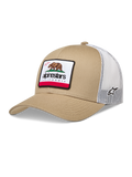Alpinestars Cali 2.0 Hat, sportswear trucker cap in sand and white, featuring a mesh back and woven California bear patch.