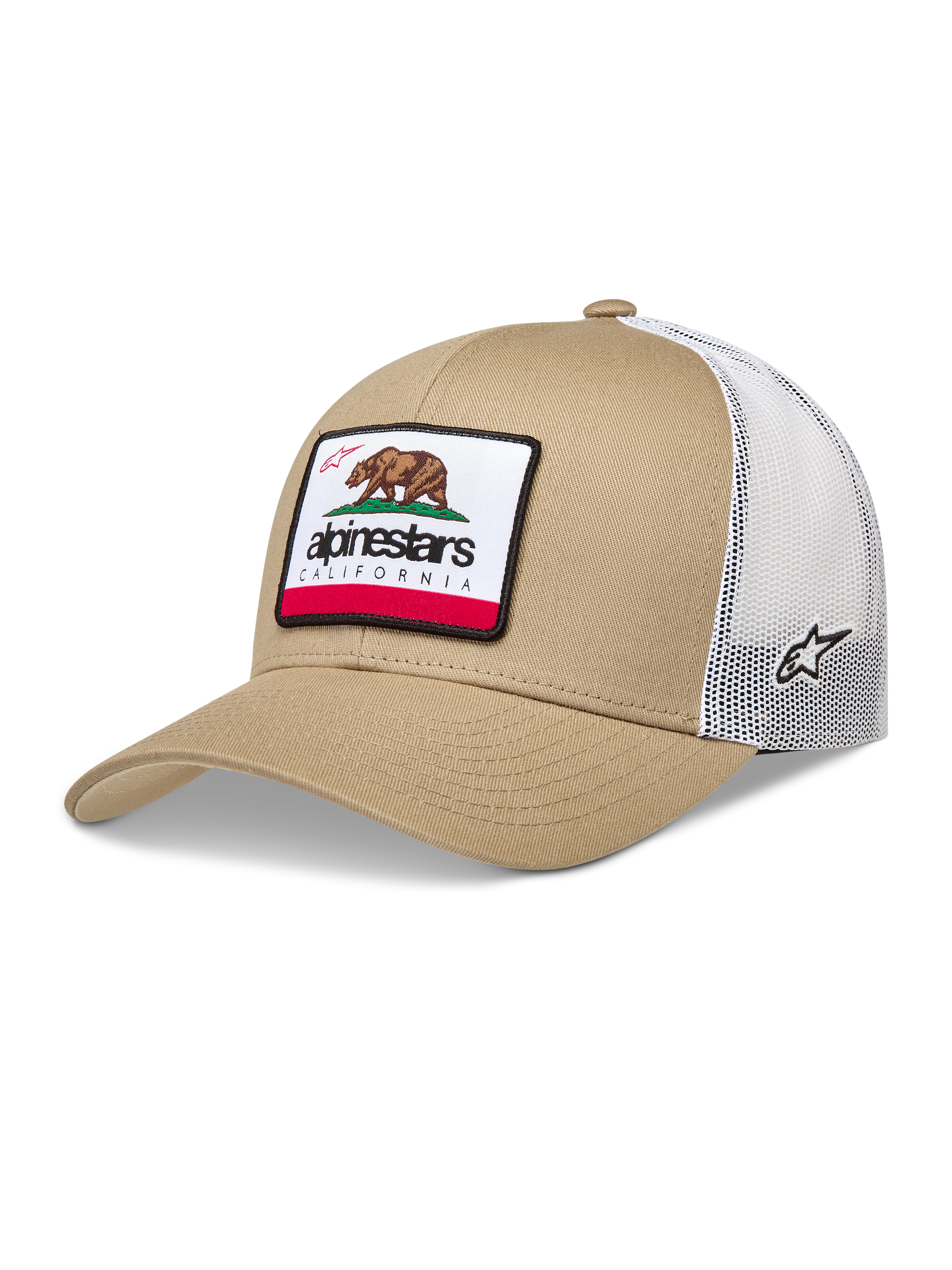 Alpinestars Cali 2.0 Hat, sportswear trucker cap in sand and white, featuring a mesh back and woven California bear patch.