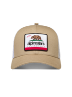 Alpinestars Cali 2.0 Hat, sportswear snapback with curved bill, Sand and White mesh, featuring a California bear woven patch.