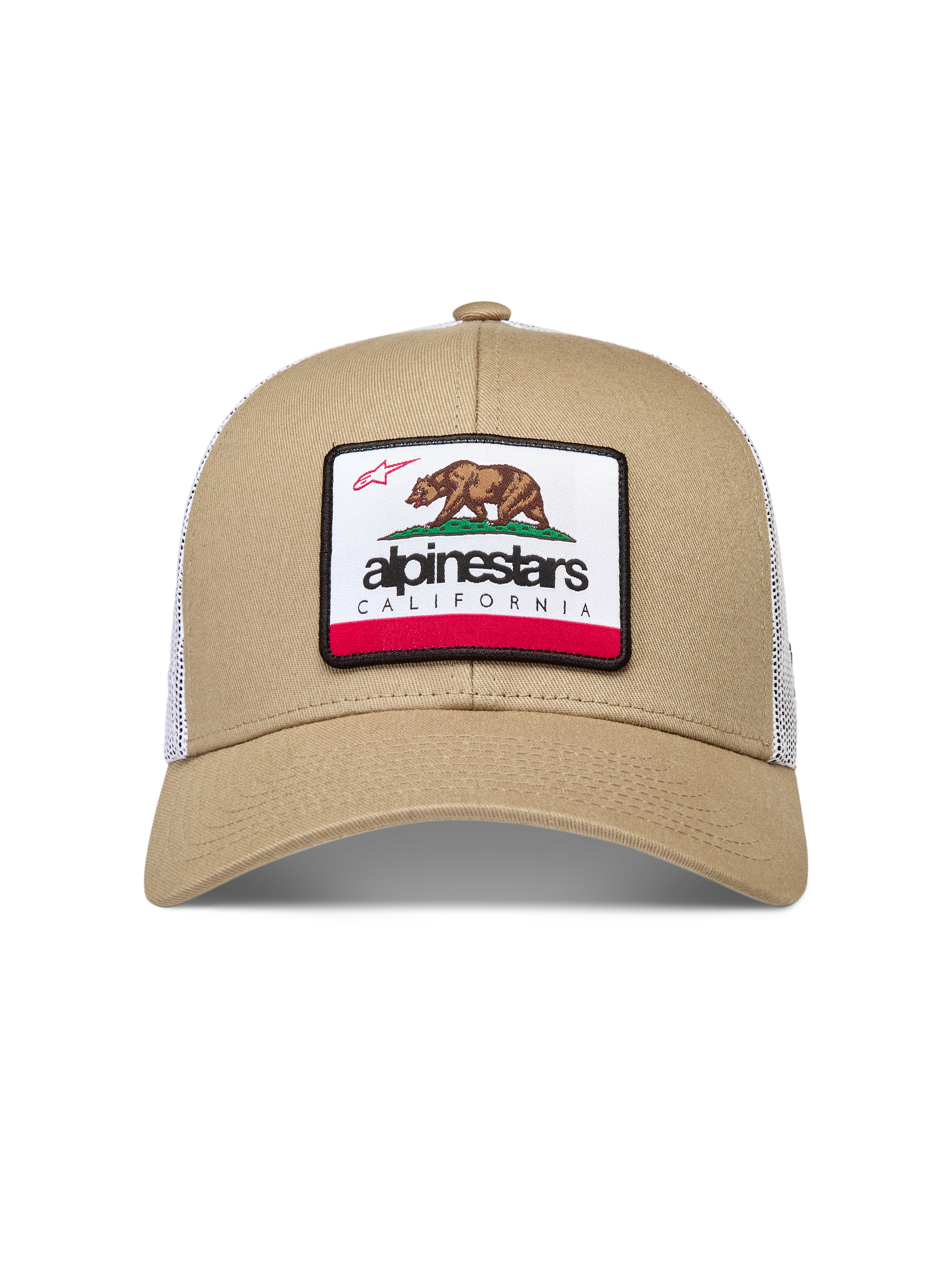 Alpinestars Cali 2.0 Hat, sportswear snapback with curved bill, Sand and White mesh, featuring a California bear woven patch.