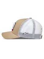 Alpinestars Cali 2.0 Hat, Sportswear Trucker Cap, Sand and White, featuring a Mesh Back, Curved Bill, and Twill Front.