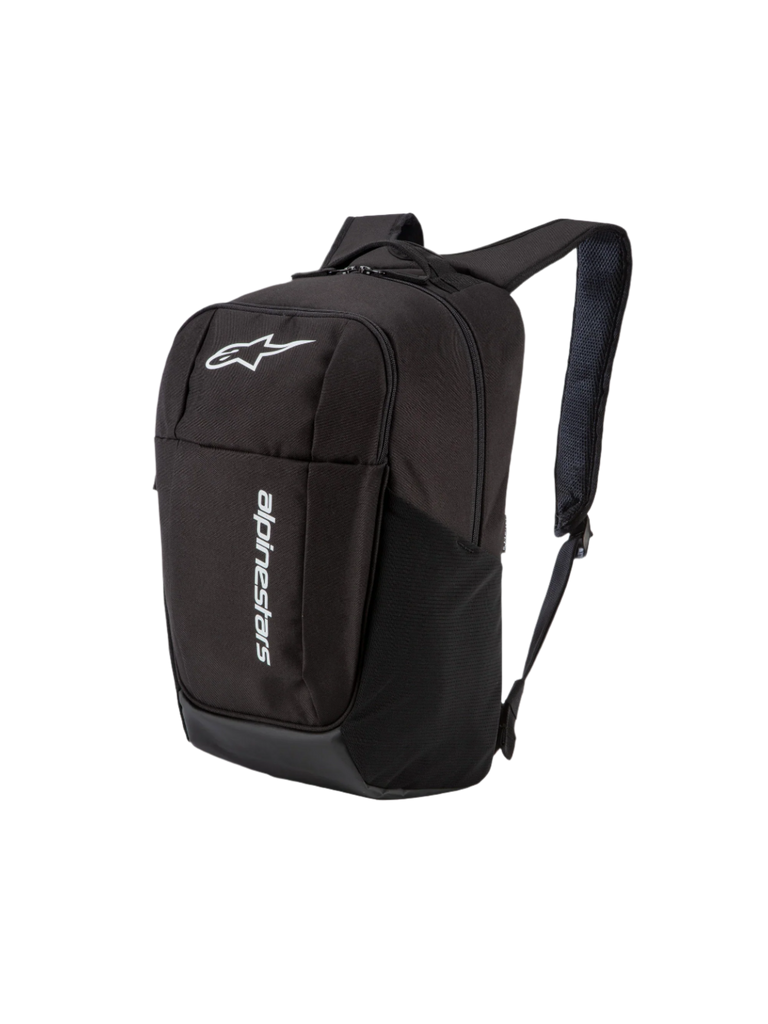 Alpinestars GFX V2 Backpack, Daily Sportswear Backpack, Black, featuring white Astars logo and vertical branding, side mesh pocket, padded air mesh shoulder straps, durable polyester design