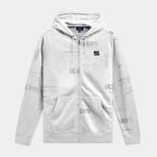 Alpinestars Plenitude Hoodie, zip-front fleece, Off White with all-over gray logo print, black Ageless logo patch on chest, kangaroo pockets, drawstring hood, casual motorsport-inspired streetwear