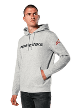 Alpinestars Linear Wordmark V3 Hoodie, gray heather pullover hoodie, black chest wordmark, red logo on the sleeve, jersey-lined hood with drawstrings, front pocket, casual motorsport-inspired streetwear