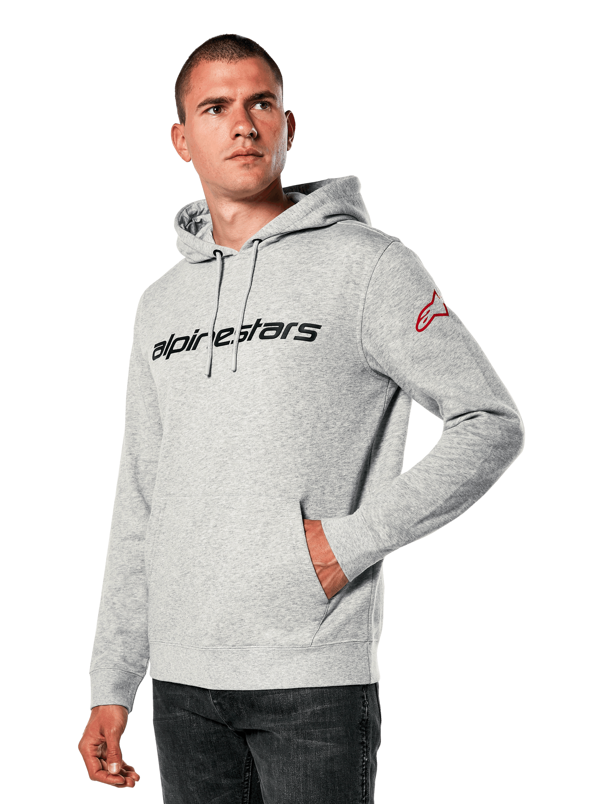 Alpinestars Linear Wordmark V3 Hoodie, gray heather pullover hoodie, black chest wordmark, red logo on the sleeve, jersey-lined hood with drawstrings, front pocket, casual motorsport-inspired streetwear