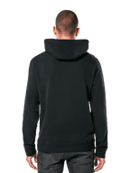 Alpinestars Ride 4.0 Hoodie, back view, casual black streetwear, solid hooded pullover fleece with rib cuffs and hem, worn with dark jeans, modern motorsport-inspired design