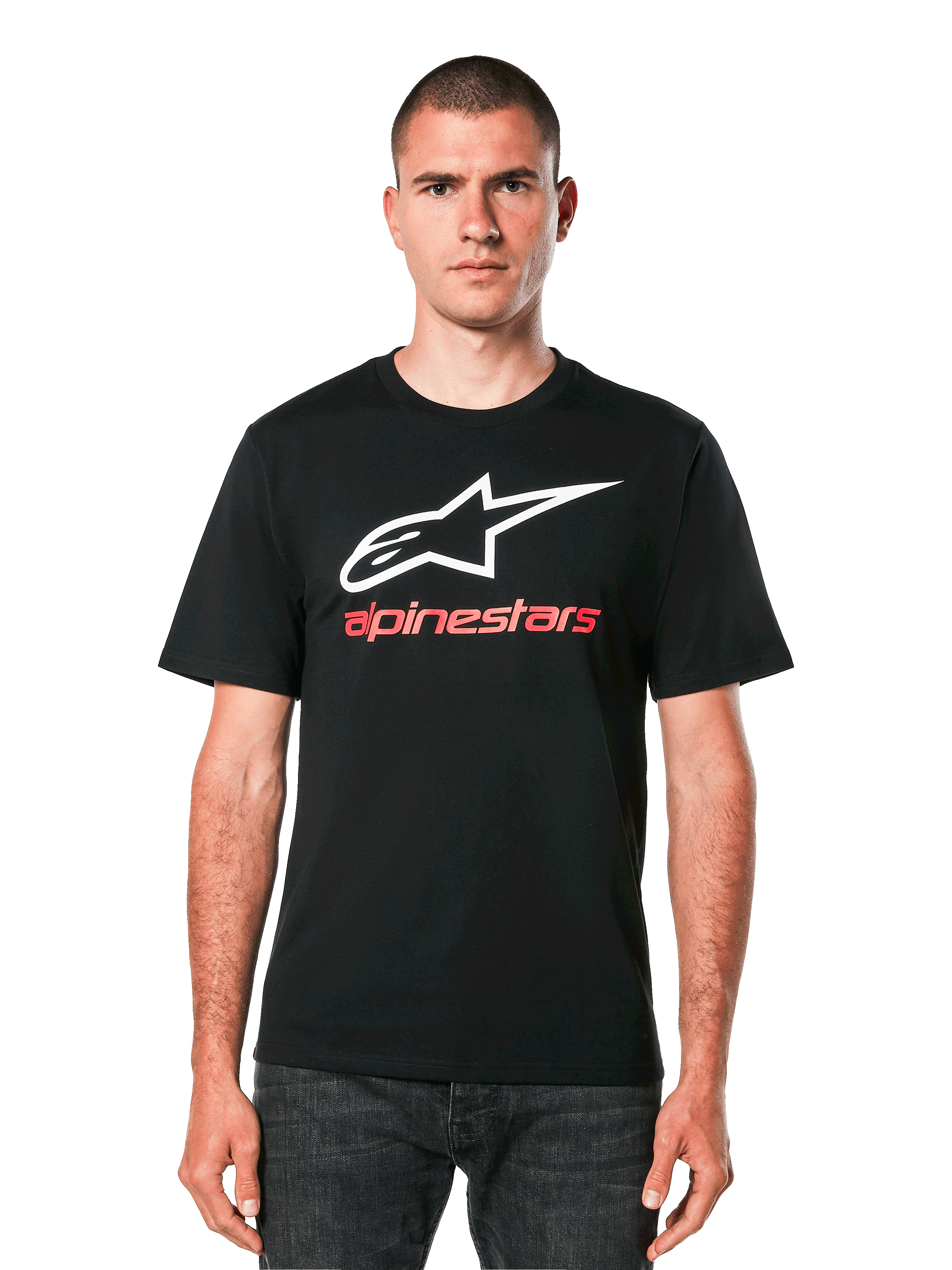 Alpinestars Always 2.0 CSF Tee, Short Sleeve T-Shirt, Black, White Star Logo with Red Alpinestars Text, Casual Motorsport Streetwear