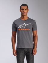 Alpinestars Always 2.0 CSF Tee, Short Sleeve T-Shirt, Charcoal Grey, Large White A-star Logo with Orange Alpinestars Wordmark, Worn by a man, Casual Motorsport Streetwear