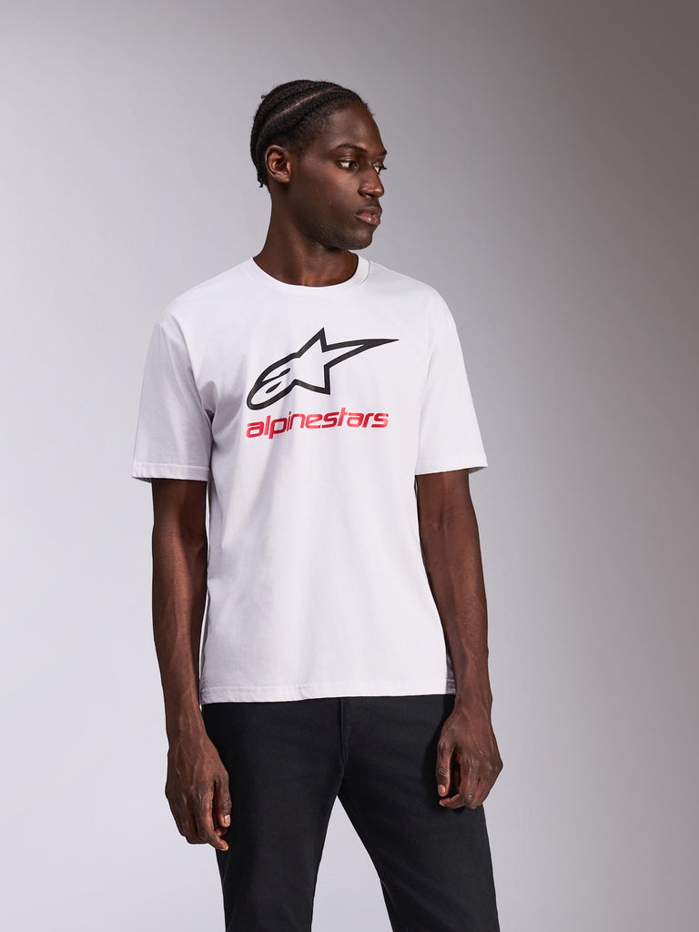 Alpinestars Always 2.0 CSF Tee, Short Sleeve T-Shirt, White, Black Alpinestars Logo and Red Text, Casual Motorsport Sportswear