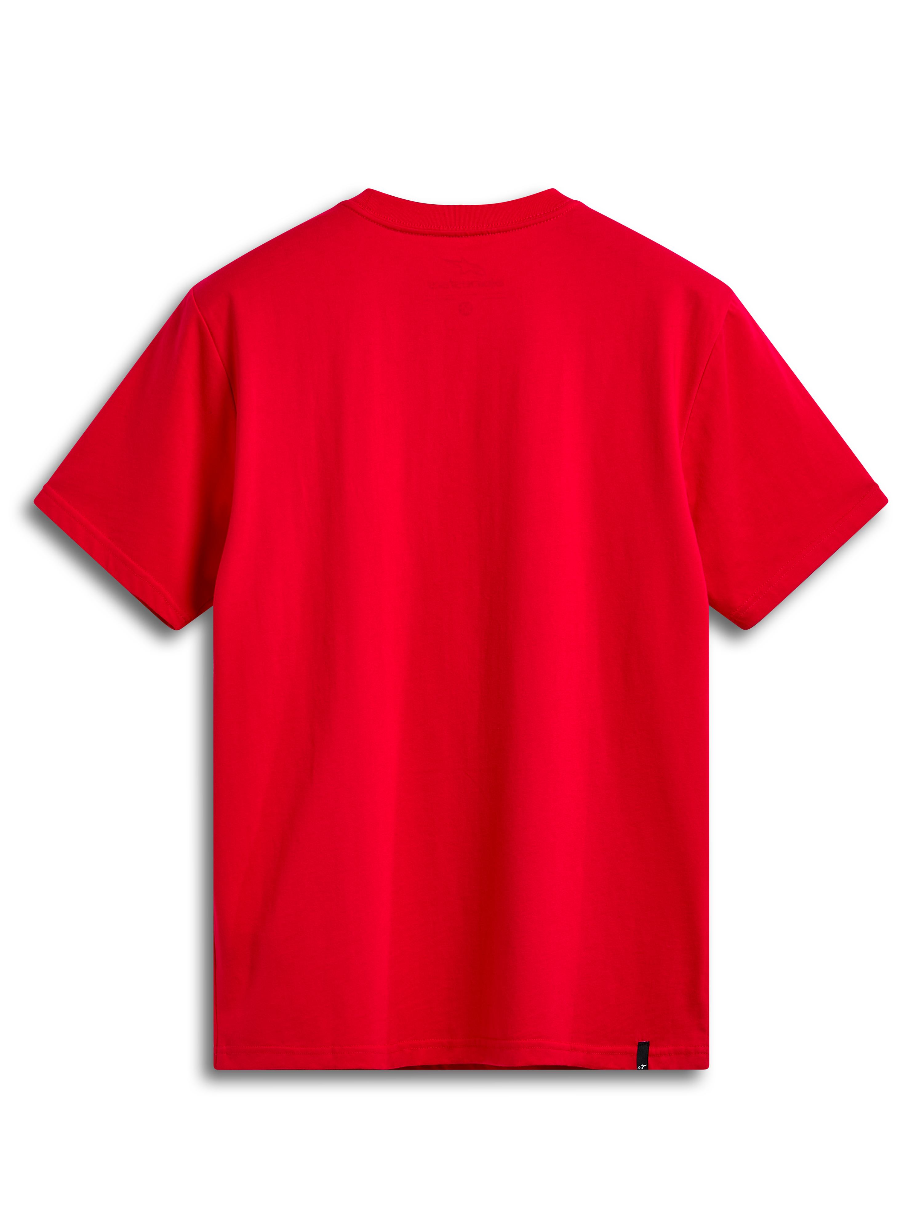 Alpinestars Linear Wordmark 2.0 CSF Tee, red short-sleeve sportswear t-shirt, back view showing internal neck print and external label