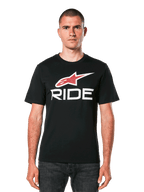 Alpinestars Ride 4.0 CSF Tee, Black Short Sleeve T-Shirt with Red Star Logo and White RIDE Text Graphic, Men's Casual Motorsport Apparel